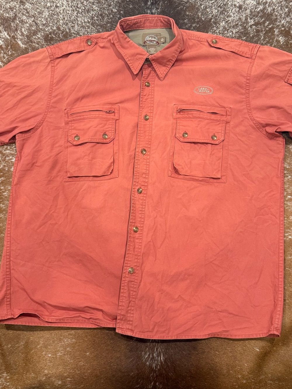 Vintage Cabela’s Safari Series coral utility shirt featuring an embroidered Land